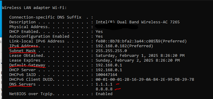 Wi-Fi IP configuration output in Command Prompt